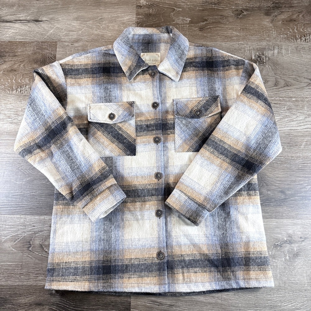 Altar'd State Plaid Shacket Blue Taupe Multi Oversized Flannel Jacket J1479PAS S